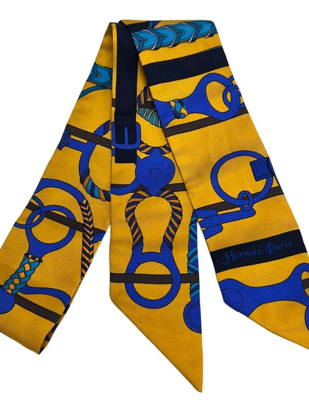 HERMES Twilly Yellow Blue Brown Scarf